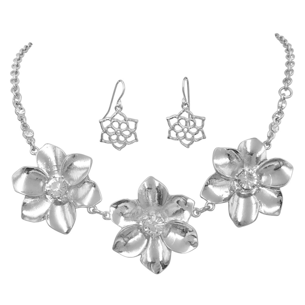 3 Daisy Flower Silver Rhinestone Necklace Set